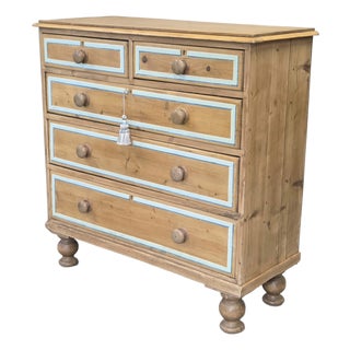 Antique English Edwardian Natural Pine Chest of Drawers With Blue French Line For Sale