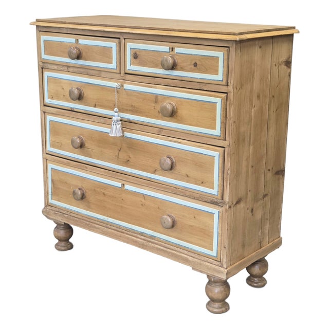 Antique English Edwardian Natural Pine Chest of Drawers With Blue French Line For Sale