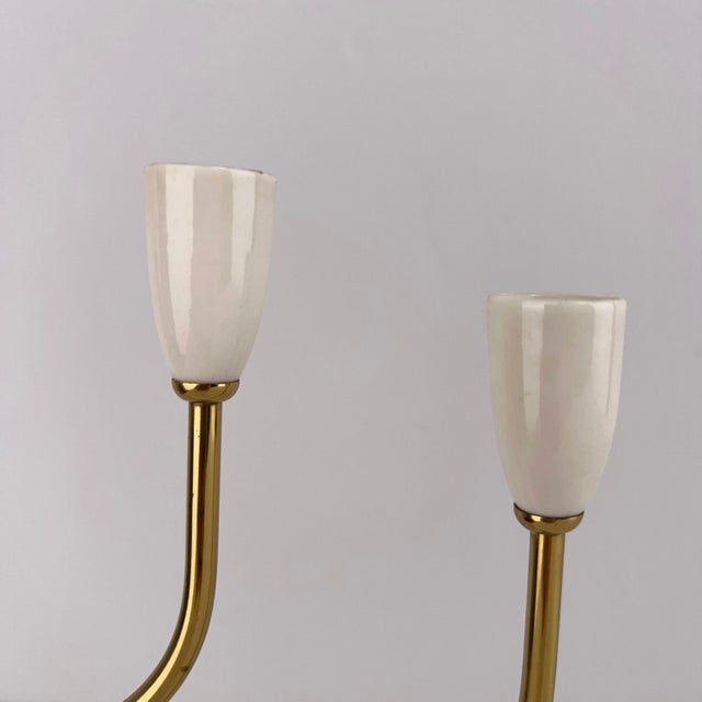 Mid-Century Modern Mid-Century Candlestick Five-Flame in Brass and Porcelain by Helmut Krüger, Berlin, 1950s For Sale - Image 3 of 6