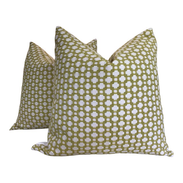 Schumacher Betwixt Chartreuse & White Down Filled Pillows- a Pair For Sale