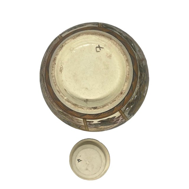 Brown Early 20th Century Meiji Period-Style Satsuma Earthenware Urn With Lid and Warriors, Businessmen, and Butterflies and Gilt Highlights Design For Sale - Image 8 of 13