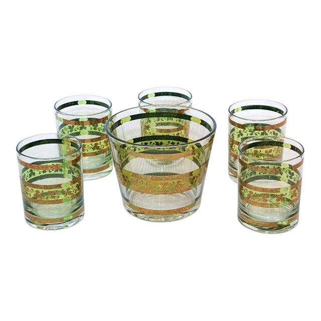 Vintage Culver Barware Cocktail Set Green and Gold Rock Glasses and Ice Bucket For Sale