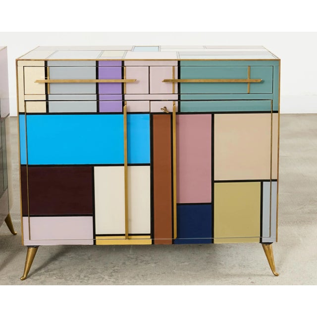 Late 20th Century Pair Italian Midcentury Mondrian Style Glass Brass Cabinets For Sale - Image 5 of 18