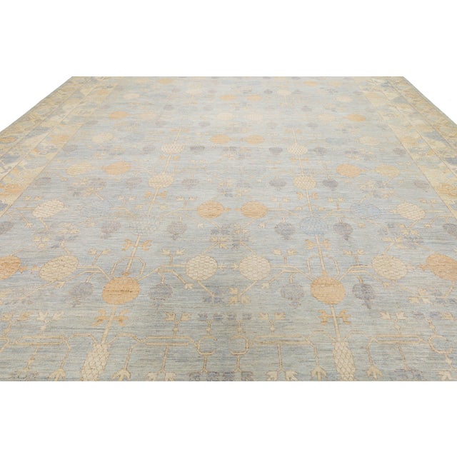 14x21 Modern Khotan HandKnotted Wool Rug – Blue, Ivory & Gold Pomegranate Design For Sale - Image 9 of 11