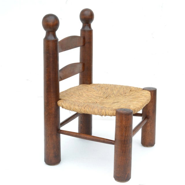 Rustic European Charlotte Perriand Style Turned Wood Kid's Chair Woven Rush Seat France 1960 For Sale - Image 3 of 12
