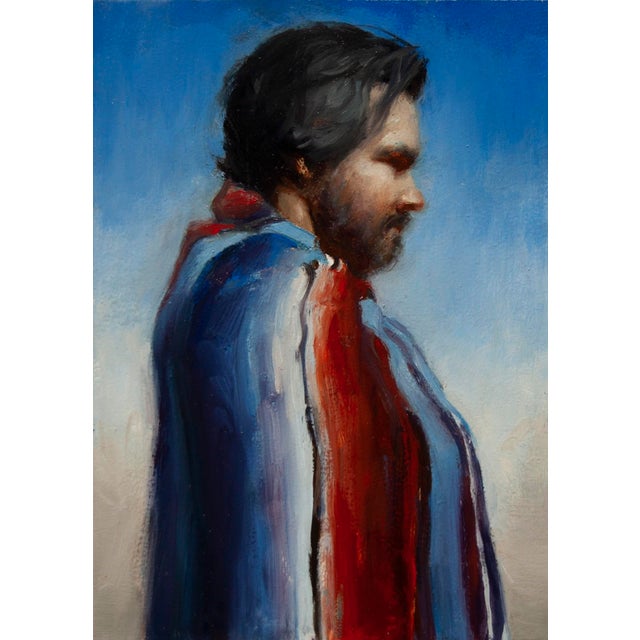 Blanket by Zack Zdrale | Oil on Artefex ACM panel Portrait of a man wrapped in a colorful blanket. For Sale