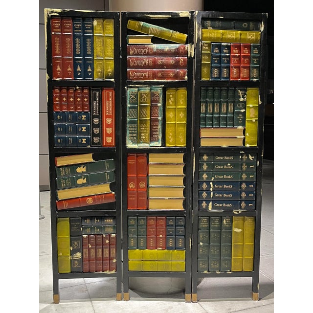 Faux-Bookshelf 3 Panel Folding Screen Manner of Maitland-Smith For Sale - Image 11 of 13