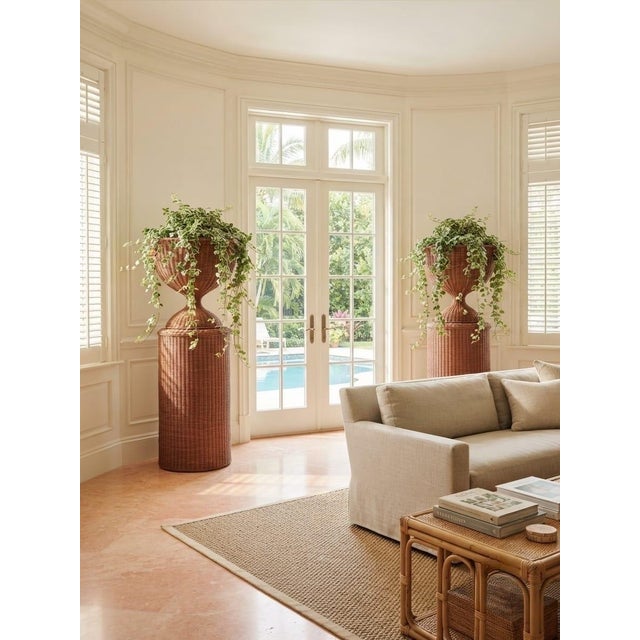 Pair of Vintage Woven Wicker Urn Planters on Cylindrical Pedestals For Sale - Image 10 of 12