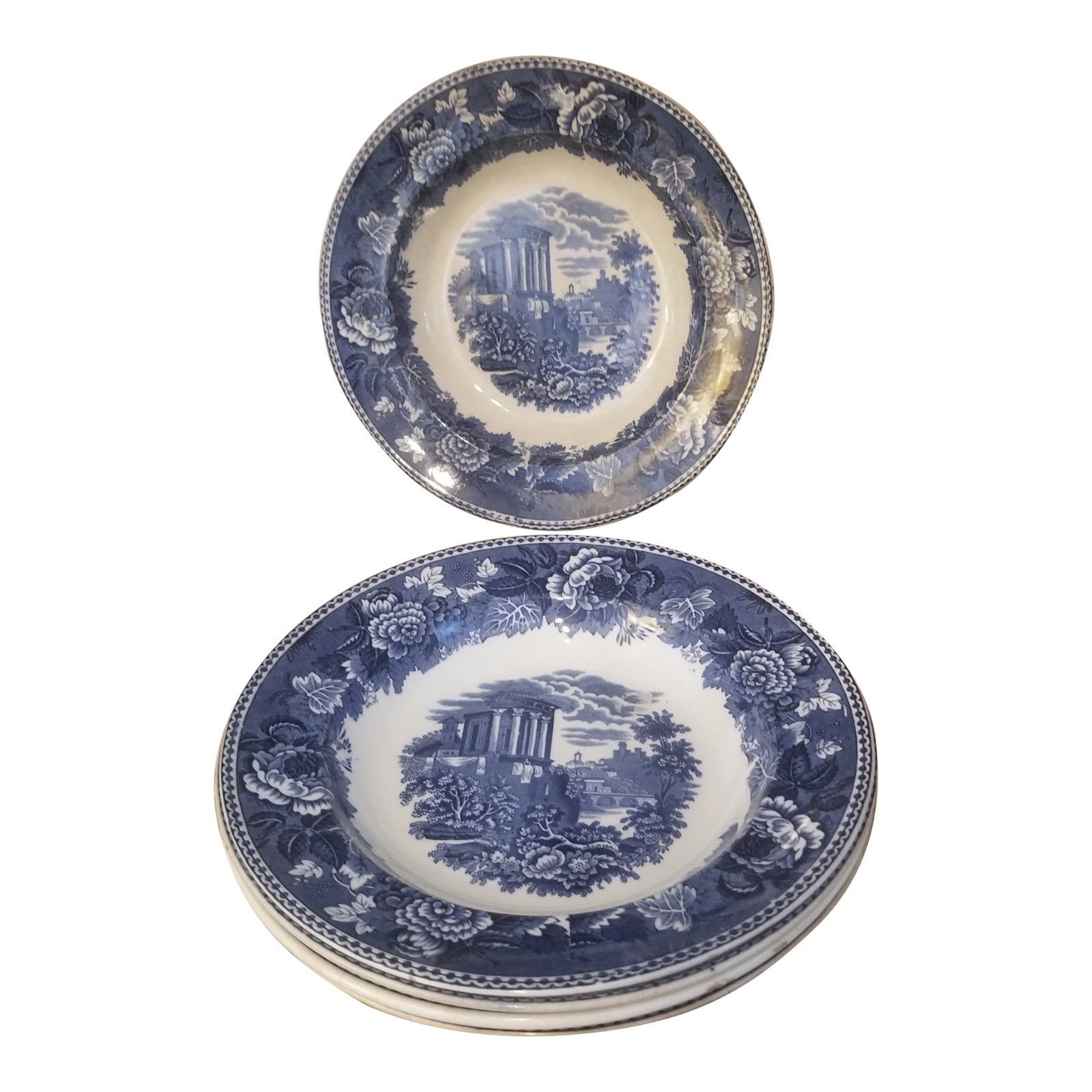English Wedgewood Pottery Blue and White Antique " Landscape" Bowls