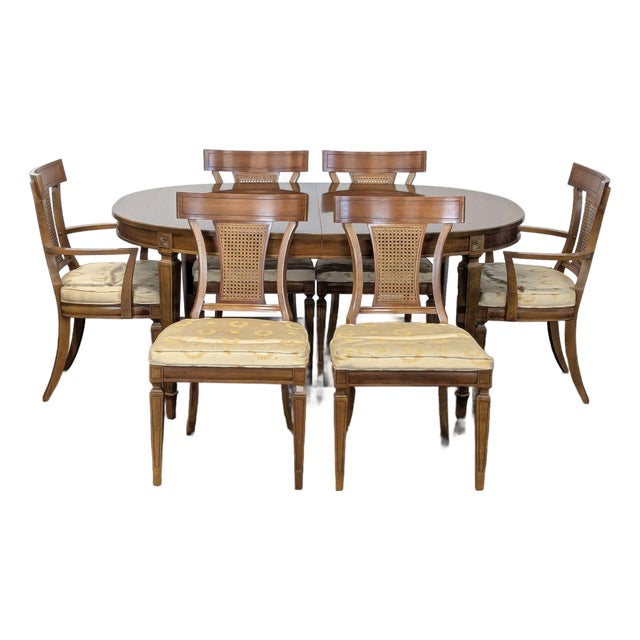 Thomasville Traditional Oval Extension Dining Set With 6 Cane-Back Chairs For Sale