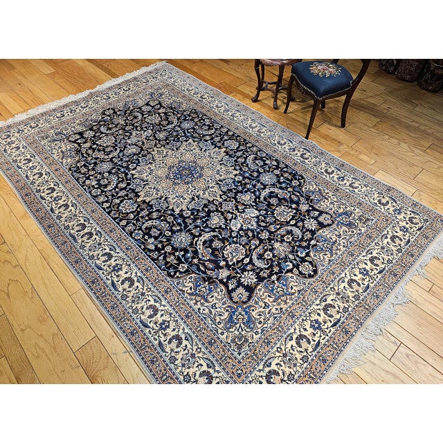 Persian Vintage Nain Area Rug, Hand-Knotted Wool & Silk, Floral Pattern, 7x11, Navy & Ivory For Sale - Image 3 of 17