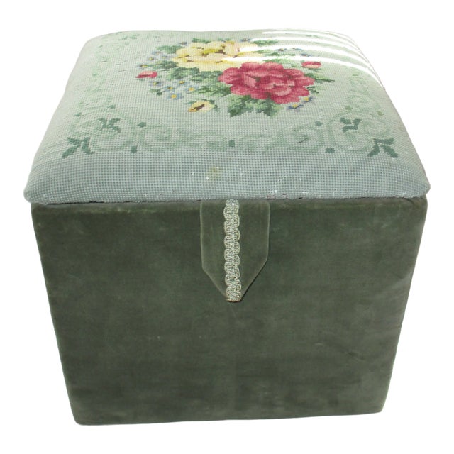 1960s Vintage Needlepoint Green Velvet Storage Footstool For Sale