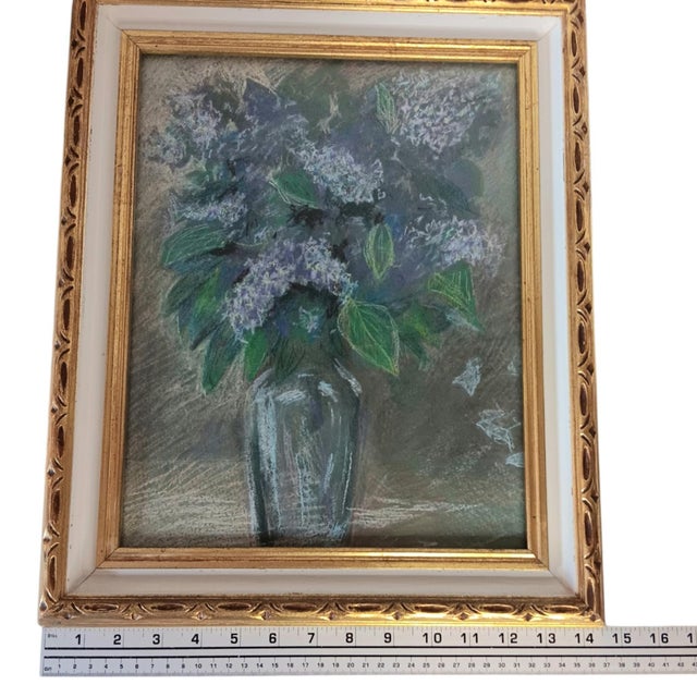 Pastel Floral Painting of Lilacs in Purple Green Gold & White Frame 17" X 14" For Sale - Image 11 of 12