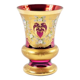 Murano Attributed Glass Vase With Hand Painted Applied Enameled Flowers, Italy, 1950s For Sale
