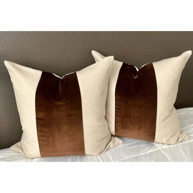 Custom Oatmeal Linen & Chocolate Velvet Stripe Pillows - a Pair For Sale - Image 4 of 4