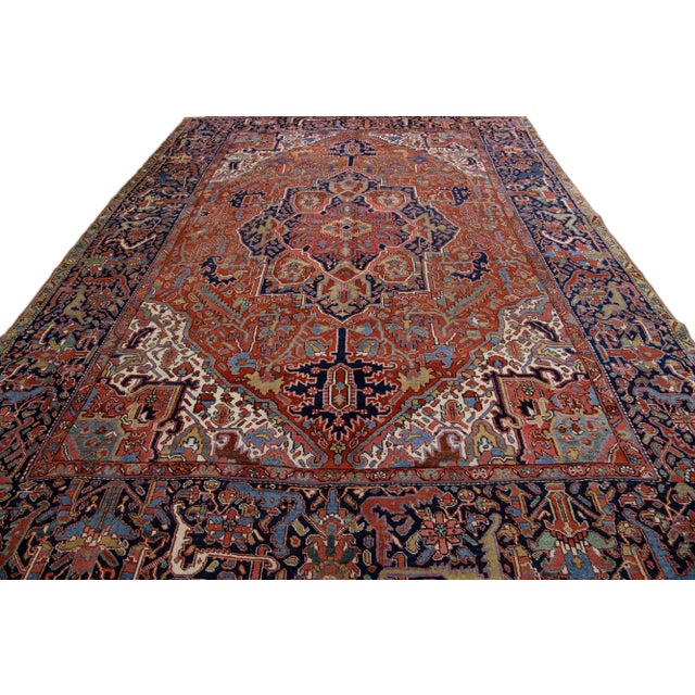 Persian Antique Persian Heriz Handmade Rust Wool Rug With Medallion Design For Sale - Image 3 of 11