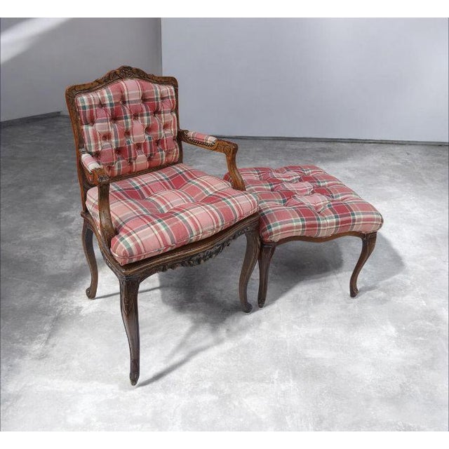 Vintage Walnut French Provincial Armchair & Ottoman Set in Rich Plaid Upholstery Bring classic European charm into your...