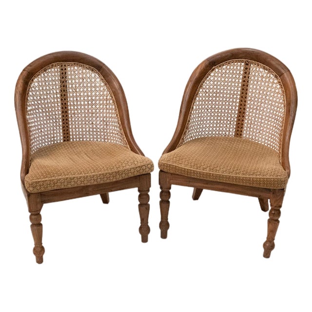 Pair of British Colonial Teak Caned Bergeres For Sale