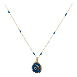 Tourmaline Stone Blue Moon Gold & Enamel Chain Necklace For Sale