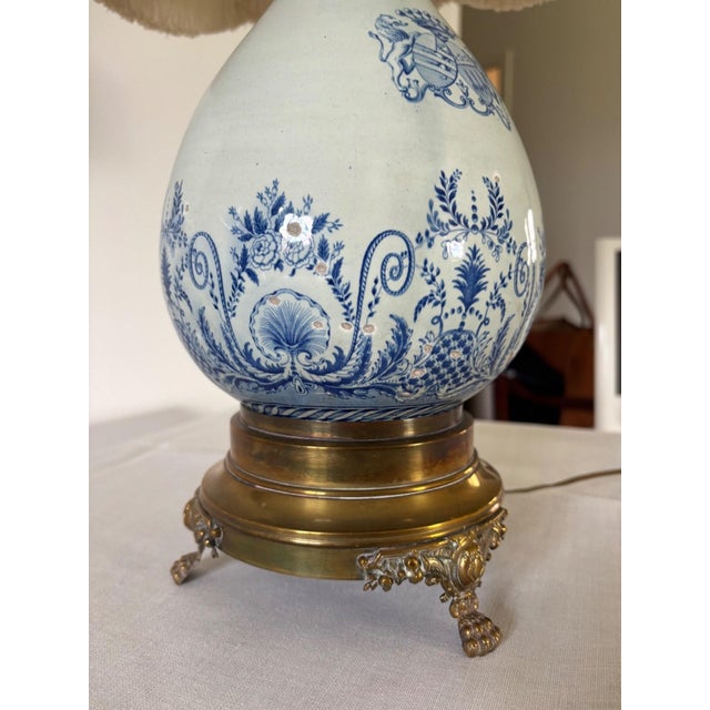 Antique Table Lamp in High-Fire Blue Earthenware with Bronze Tripod Base, 1800s For Sale - Image 5 of 10