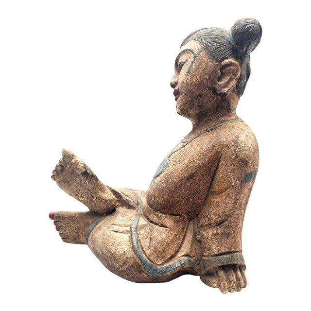 Early 20th Century Hand Carved Asian Seated Girl Wood Sculpture 13.5" For Sale - Image 5 of 11