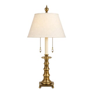 Vintage Monumental Stiffel Neoclassical Brass Dual-Light Table Lamp With Ivory Linen Shade For Sale