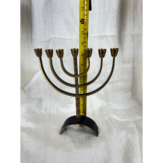 Mid 20th Century Vintage Jerusalem Brass Menorah – Modernist Sculptural Judaica With Black Accents For Sale - Image 5 of 12