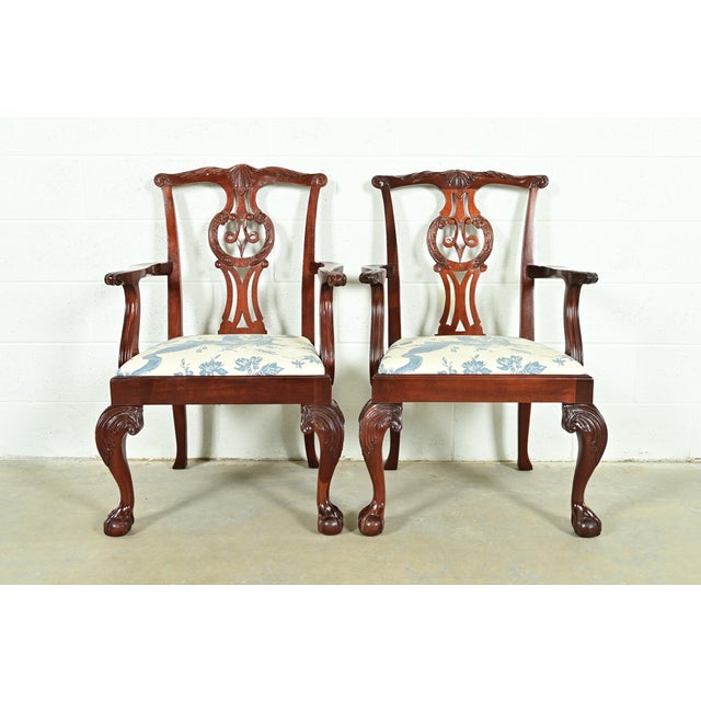 Baker Furniture Chippendale Carved Mahogany Armchairs or Dining Captain Chairs, Pair For Sale - Image 12 of 12