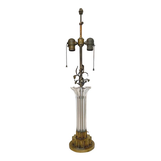 High Quality Antique Gilt Bronze Blown Clear Glass Floral Electric Table Lamp For Sale