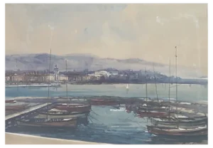 Sergio Cecchi, Depuis le quai des Eaux-Vives, 1955, Watercolor on Paper, Framed