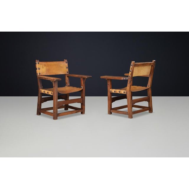 Brown Spanish Beechwood Armchairs with Patinated Cognac Leather, 1950s, Set of 2 For Sale - Image 8 of 10