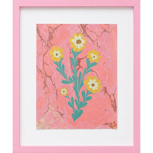 Ebru Flower Original Painting Pink and Yellow For Sale