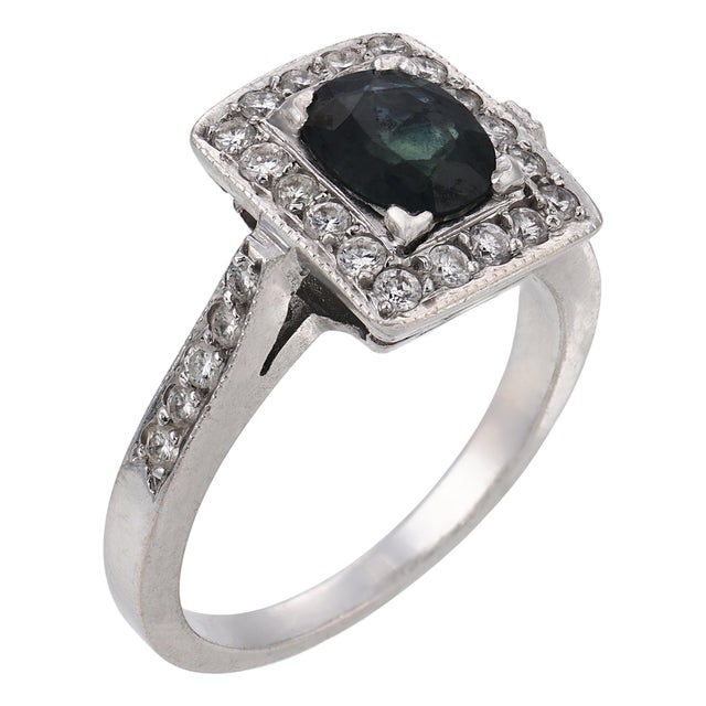 Vintage Sapphire Diamond 18k White Gold Ring, Size 6 For Sale