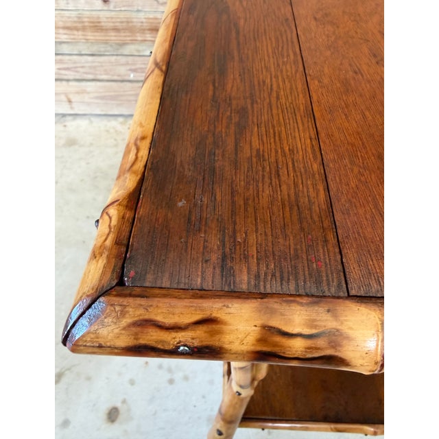 Brown Antique Scorched Bamboo Two-Tier Side Table With Wood Shelves For Sale - Image 8 of 12