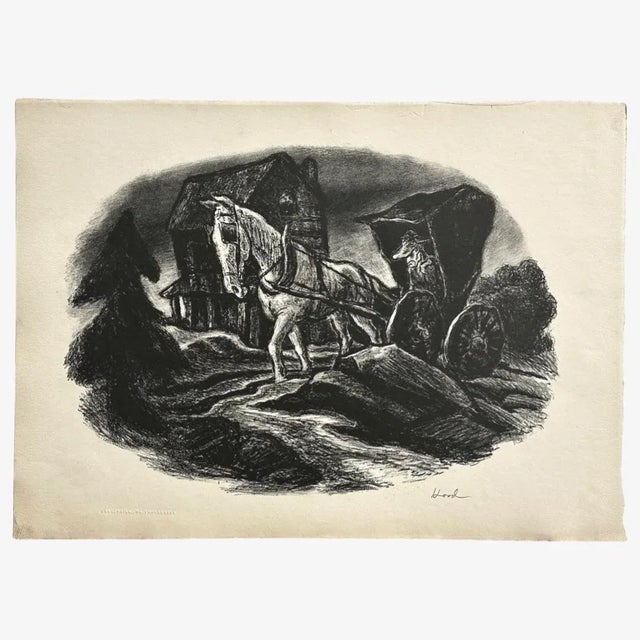 Richard Hood - WPA Expressionist Nocturne Horse And Carriage Lithograph, Signed c.1936. Portrait of man and horse in...
