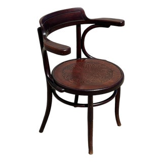 Antique Art Nouveau Bent Oak Desk Chair W/ Carved Shell Motif Seat by Fischel For Sale