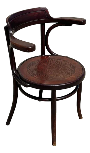 Antique Art Nouveau Bent Oak Desk Chair W/ Carved Shell Motif Seat by Fischel