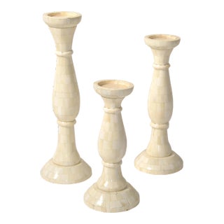 3 Large Nesting Pillar Candle Holders Handmade Mother of Pearl Turned Wood 1970 For Sale