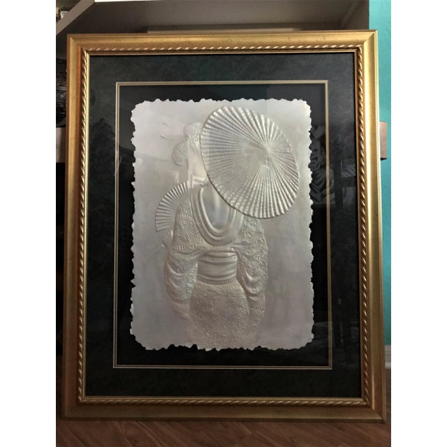 A stunning vintage hand cast paper sculpture signed by Roberta Peck. Classic black and white in a lovely gold frame with...