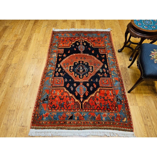 1900 - 1909 Vintage Persian Malayer Tribal Area Rug, Hand-Knotted Wool, Geometric Pattern, 4x6, Terracotta & Blue For Sale - Image 5 of 16