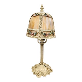 1920s Attributed to Miller Polychrome Slag Glass Boudoir Lamp For Sale
