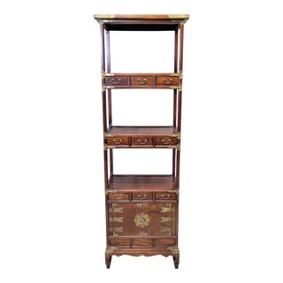 Vintage Chinese Lacquered Elm Etagere Bookcase With Original Brass Fittings For Sale