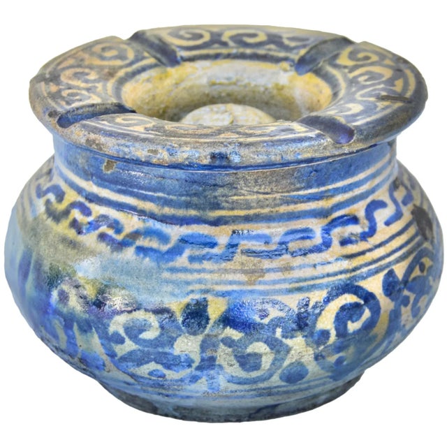 Early 20th Century Antique Handmade Moroccan Ceramic Ashtray With Blues For Sale - Image 5 of 10