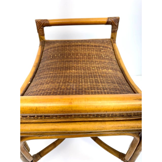 Brown Vintage Mid Century Rattan Bench With Bentwood Frame and Woven Seat For Sale - Image 8 of 12