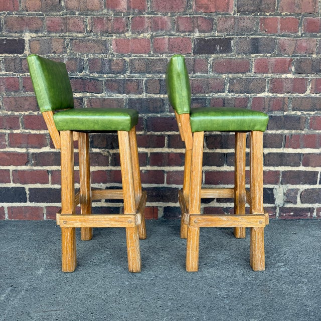 Rustic Pair of Rustic Green Leather Bar Stools by Ranch Oak For Sale - Image 3 of 12