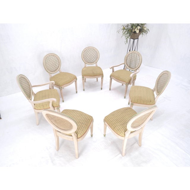 Cream Set of 7 Swedish White Wash Paint Decorated Oval Cane Backs Dining Chairs NICE! For Sale - Image 8 of 11
