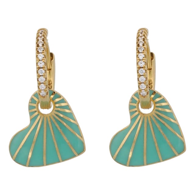 Green Enamel Heart Diamond Hoop Gold Earrings, A Pair For Sale