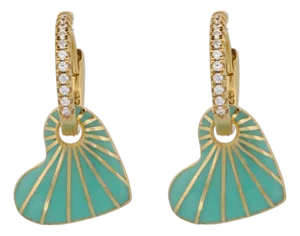 Green Enamel Heart Diamond Hoop Gold Earrings, A Pair