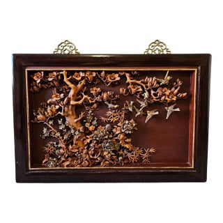 Antique Chinese Japanese Relief Carved Wood Lacquer Panel Birds Prunus Tree Wall For Sale