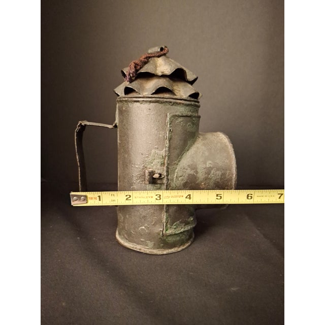 Antique Tin Bullseye Candle Lantern Crimped Top Green Painted Belt Lamp For Sale - Image 4 of 18